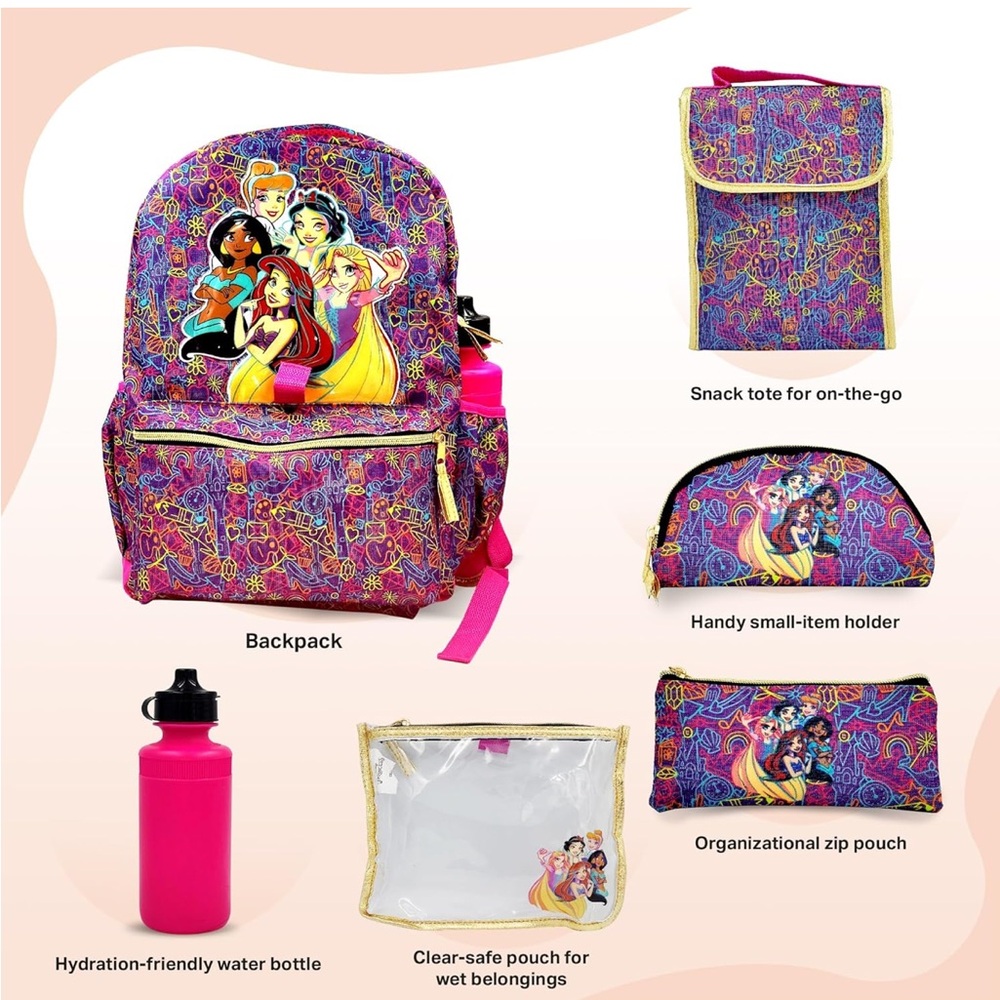 Disney Princess Vibrant 6 pcs Backpack Set with Pink and Gold Accents
